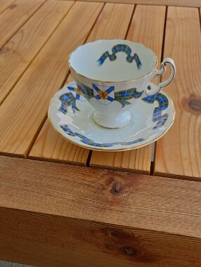 Nova Scotia Blue Tartan Bone China Teacup & Saucer with Gold Trim By Adderley.